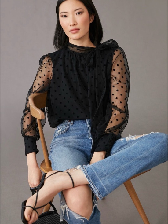Anthropologie Tops - Maeve Sheer Black Polka Dot Tie-Neck Blouse
